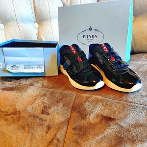 Prada women's designer sneakers-size: 37.5-vibrant black and eye catching red